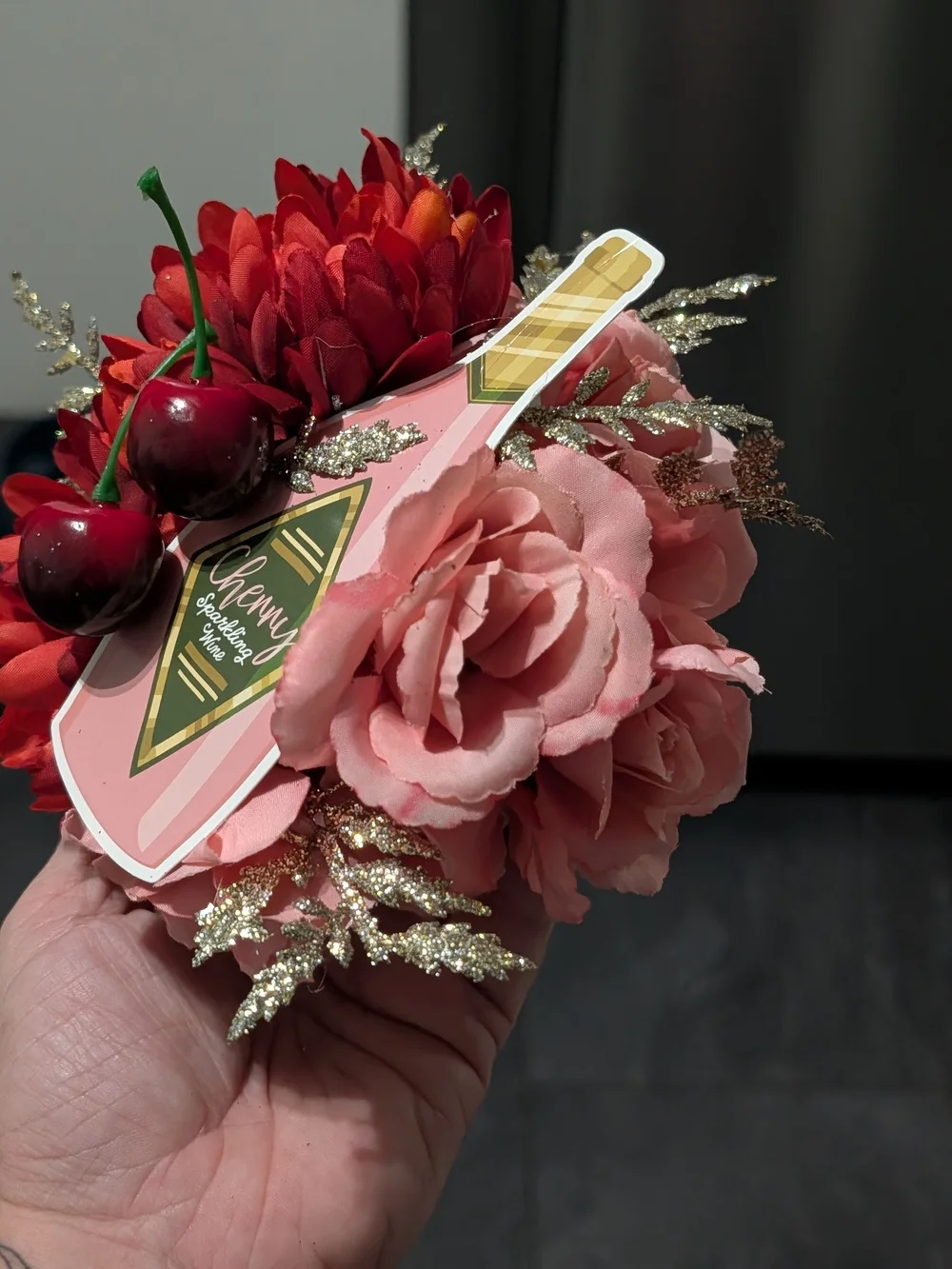 Cherry Accent Floral Hair Clip - Pink and Red